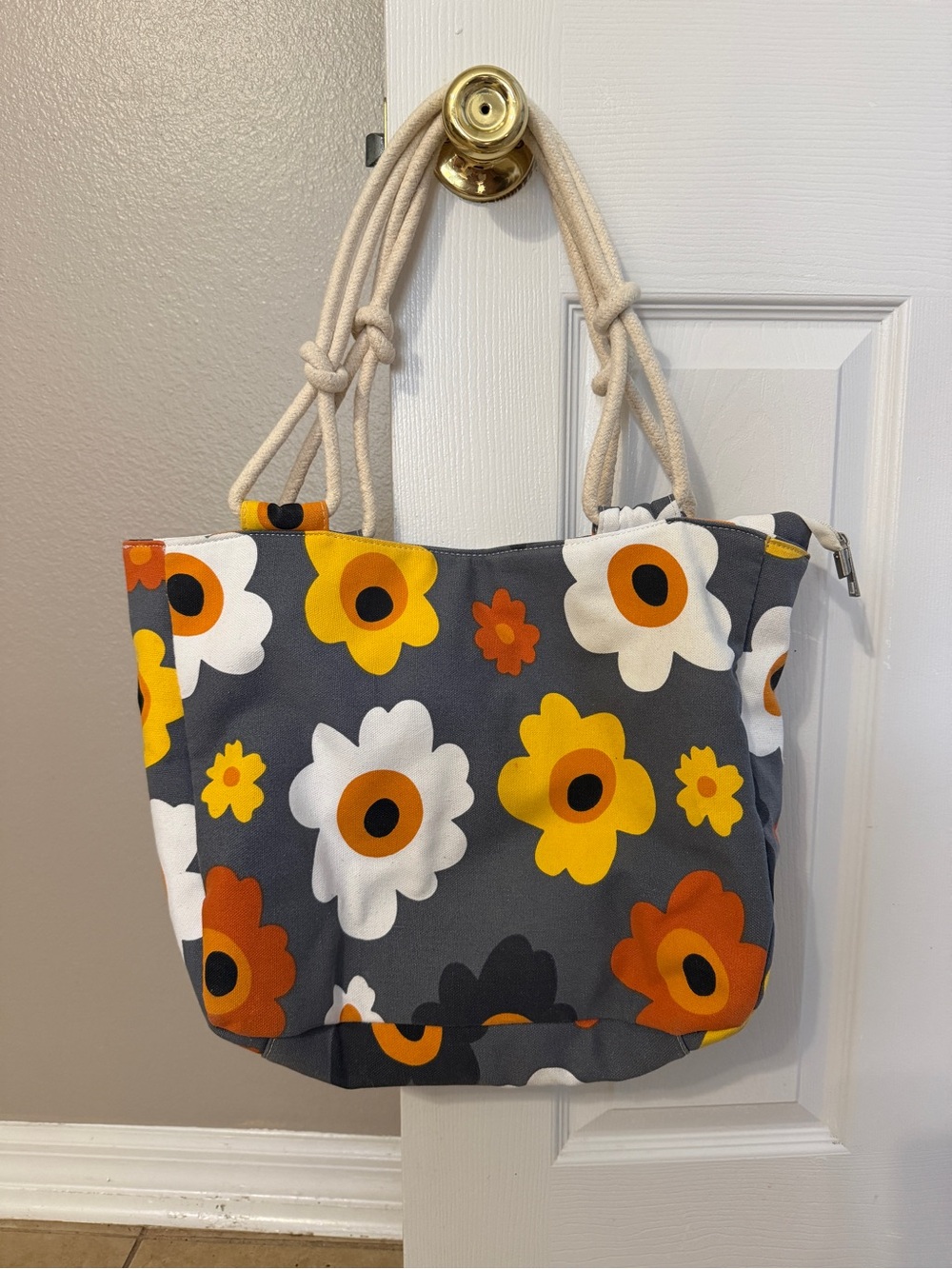 Canvas Floral Tote Bag in Gray, Yellow & Orange
